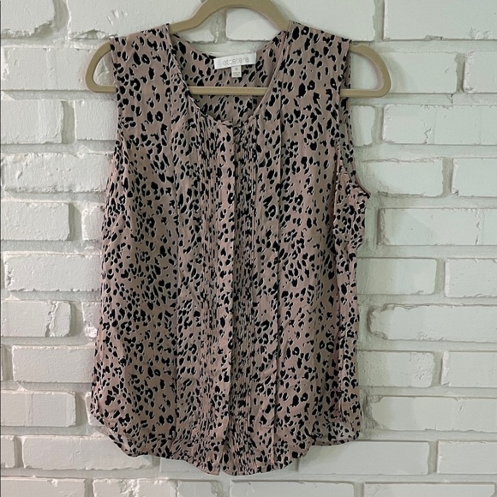 Etcetera Tan and Black Silk Sleeveless Leopard Pleated Front Blouse